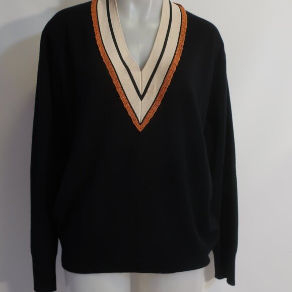 Women Sandro Paris Colle Black Striped Deep V-Neck Wool Cashmere Sweater 4 US/XL - Picture 5 of 11